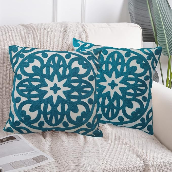 Alysheer Embroidered Decorative Throw Pillow Covers 18"x18" Set of 2 Pieces, Boho Classic Mandala Knit Pattern, Durable 100% Cotton Canvas Cushion Cases for Sofa Couch Living Room Gifts (Teal Blue)