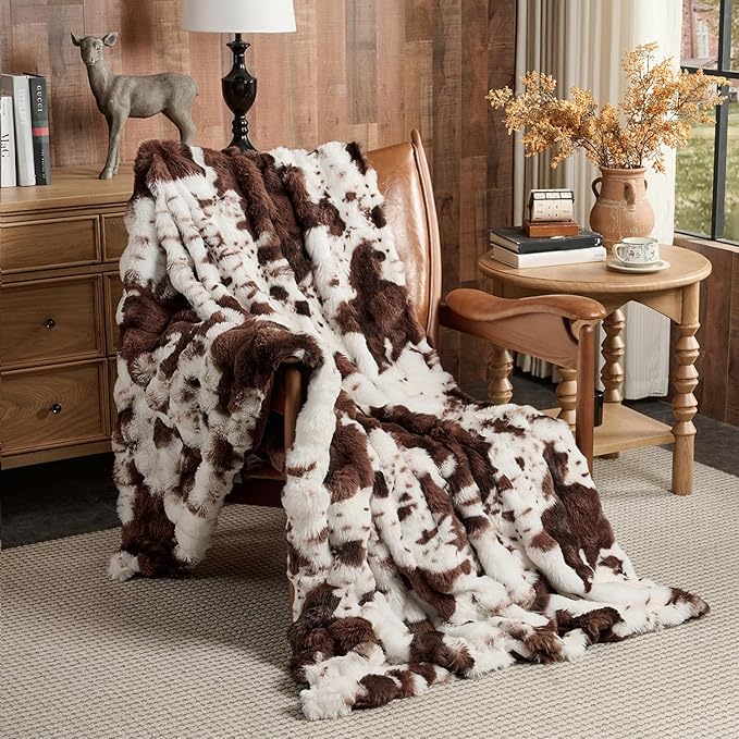 Lotus Karen Faux Fur Throw Blanket Cow Print-Dark Brown, Fluffy Fuzzy Plush Bubble Blanket for Couch, 80x60 Inches Cozy Shaggy Rabbit Blanket, Luxury Decorative Gifts for Sofa Bedroom Living Room.