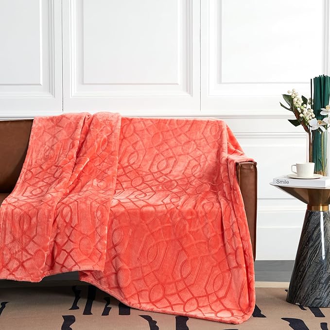 Soft Cozy Fleece Twin Blanket, 60x80 Inches – Lightweight Plush Blanket for Couch, Fuzzy 3D Jacquard Design, for Sofa, Bed & Travel - Coral