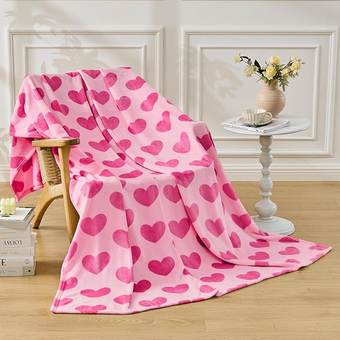 FY FIBER HOUSE Heart Flannel King Blanket Soft Cozy Blankets for Lover Gifts All Season Use, 90x108 Inches, Hot Pink