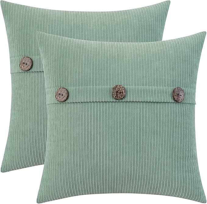 HWY 50 Sage Green Chenille Throw Pillow Covers 18x18 Inch with Triple Buttons, Soft Spring Farmhouse Accent Decorative Cushion Cases for Couch Sofa Bed Living Room Bedroom Pack of 2