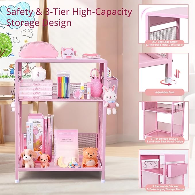 Kids Nightstand, 3-Tier Metal Side Table with Adjustable Storage Shelf, Basket & 3 S-Hooks, Small Bedside Table for Nursery, Toddler Bedroom and Small Spaces (Pink)