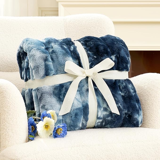 Cozy Bliss Deluxe Striped Rabbit Faux Fur Throw Blanket, Soft Fluffy Warm Plush Blanket for Winter, Modern Homr Decor, Tie-dye Blue 60"x80"