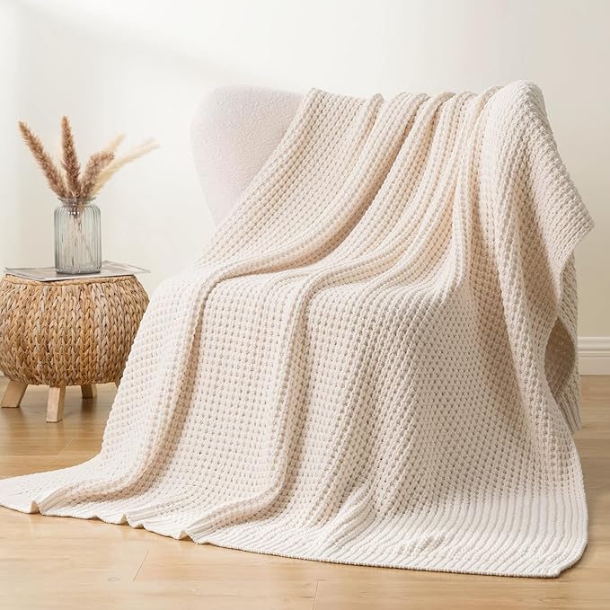 Bunnikins & Clover Cream White Throw Blanket for Couch, Waffle Ivory Throw Blanket for Bed, Warm Decorative White Blanket Throw for Home Decor, 60"x80"