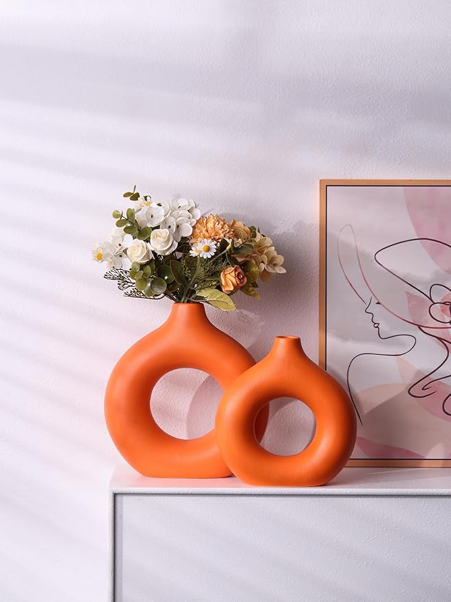 Modern Donut-Shaped Decorative Vases, Handmade Minimalist Boho ins Style, Modern Vase for Home Decor for Wedding Dinner Table Party Living Room Office Bedroom (Orange, Large + Small)