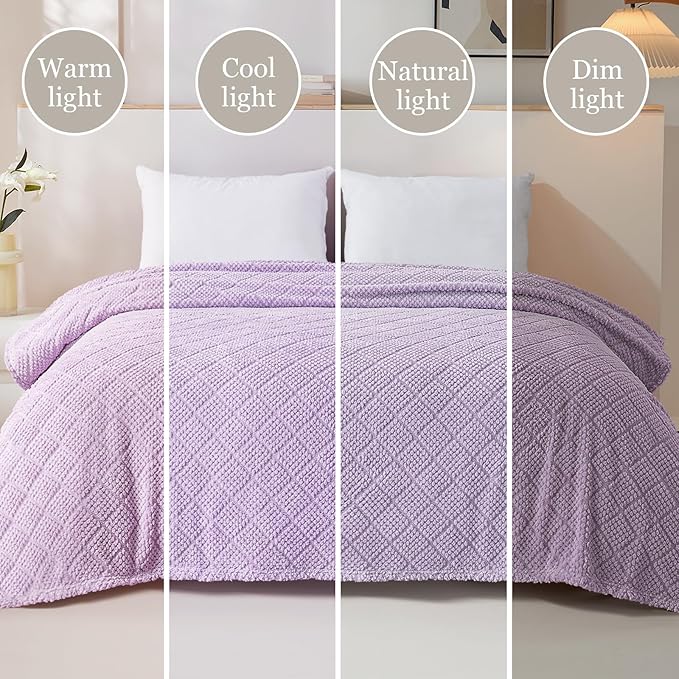 Whale Flotilla Fuzzy Fleece Queen Size Blanket for Bed, Soft Fluffy Jacquard Waffle Blankets for All Season, Lightweight and Warm, 90x90 Inch, Lilac