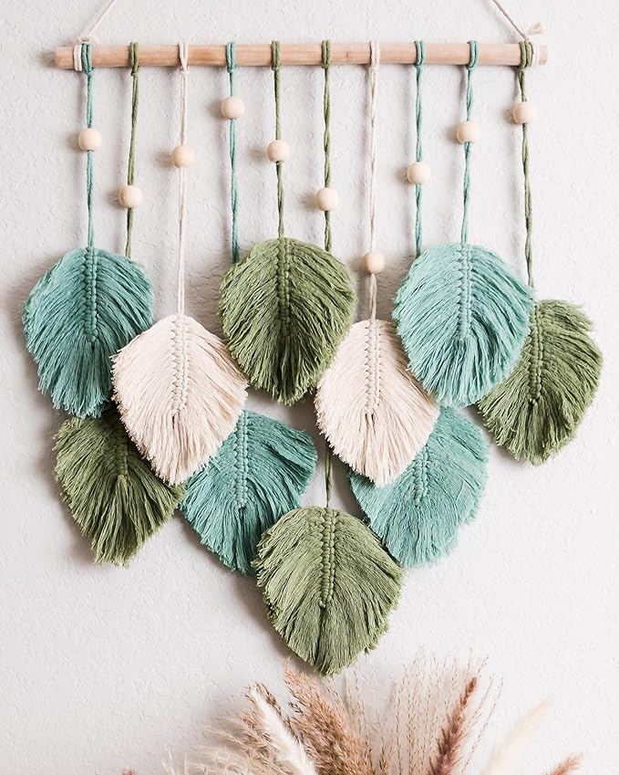 SnugLife Macrame Wall Hanging Leaves - Large Chic Feather Boho Decor, Handmade Yarn Woven Art Leaf Tapestry for Nursery, Bedroom, Living Room, 17 X 22 Inch (Green, Sage Green & Beige)