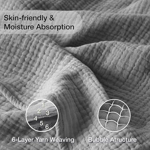 100% Cotton Muslin Blanket California King 120" x 90", 6 Layers Breathable and Lightweight Oversized Blankets for Bed, Soft Cooling Gauze Blanket for Adults All Season, Medium Grey