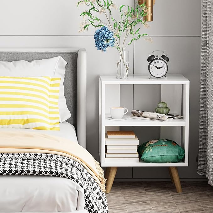 Night Stand, White Nightstand, Modern End Table with Open Storage, 2-Tier Bedside Table for Small Space, Living Room, Bedroom