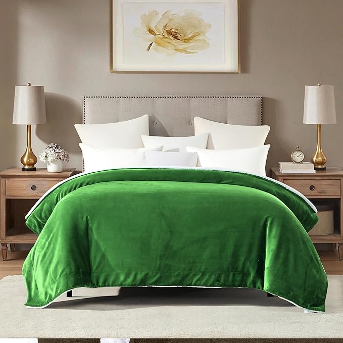 Mocassi Premium Ultra-Soft Flannel Fleece Sherpa Throw Blanket - Warm Cozy Reversible Plush Micromink Blanket for Couch, Bed and Sofa - Fluffy, Christmas Winter Bedding Gift, Queen, Emerald Green