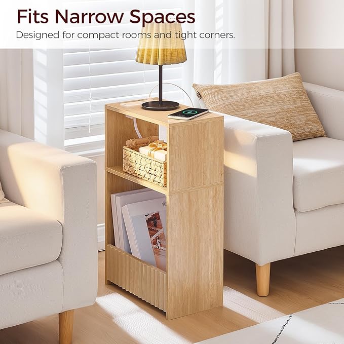 Small Narrow Side Table with Open Storage Shelves, 3-Tier Skinny End Table with Charging Station for Small Space, Slim Nightstand, Skinny Couch Side Table for Living Room, Bedroom, Natural ETNA751E01