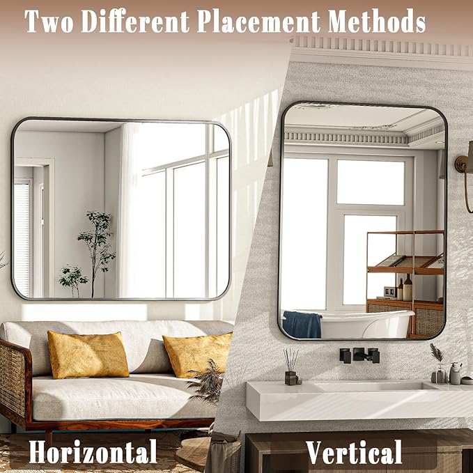 30×40 Inch Bathroom Mirror - Wall Mounted Vanity Mirror with Round Corner Aluminum Alloy Frame, Hanging Horizontally Vertically for Living Room, Bedroom, Hallway as Home Decor, Black