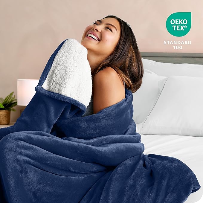 Bare Home Sherpa Fleece Blanket - Throw/Travel Size - Blanket for Bed, Sofa, and Couch - Warm & Lightweight - Fluffy & Soft - Reversible (Throw/Travel, Dark Blue)