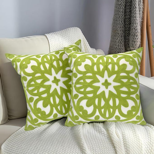 Alysheer Embroidered Summer Decorative Throw Pillow Covers 18"x18" Set of 2, Classic Boho Mandala Green Pattern Cotton Canvas Chic Cushion Cases for Sofa Couch Bed Living Room Decor (Chartreuse Green)