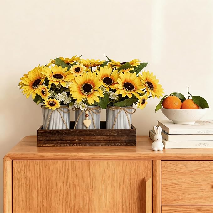 Artificial Sunflower Decorative Centerpiece, Rustic Table Centerpieces Home Decor for Dining Room, Farmhouse Wood Planter Box with 3 Galvanized Metal Pots Decorative