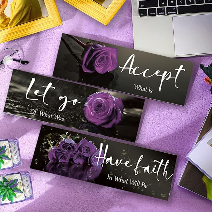 ZINYAZHE 3 Pcs Purple Wall Decor Inspirational Purple Bathroom Decor Wooden Rose Wall Art With Accept Let Go Have Faith Quotes For Girl Women Bathroom Bedroom Office(16 X 5Inch)