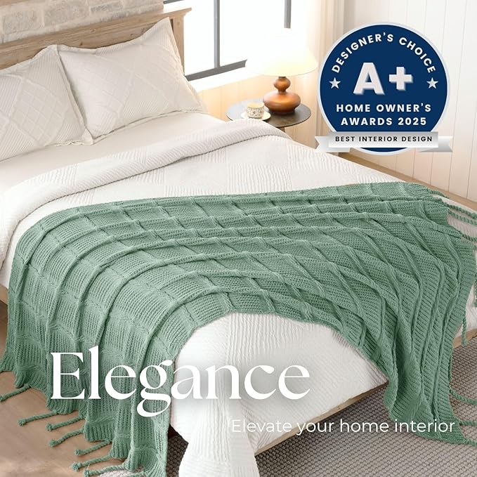 Boho Knitted Chenille Blanket with Tassels - Lightweight & Soft All-Season Throw - 3D Classic Pattern for Living Room Bedroom Couch, Sage Green, Twin 60"x80"