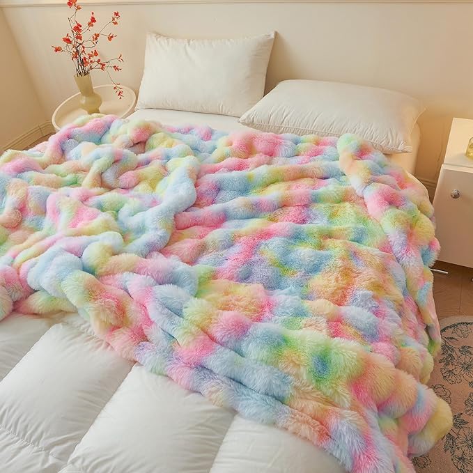 LIFEREVO Fluffy Faux Rabbit Fur Bubble Throw, Rainbow Plush Shaggy Blanket for Couch Sofa Chair, Soft Cute Tie Dye Furry Blanket Adults Kids Girls, Fuzzy Throw for Bedroom Living Room, 50x60, Rainbow