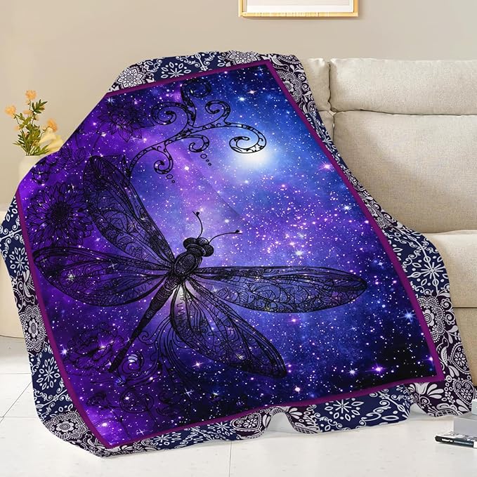 Dragonfly Blanket for Girls Women Boys Men Adults Kids Soft Cozy Fleece Purple Galaxy Starry Dragonfly Throw Blankets Gifts Warm Flannel Plush Lightweight Decor for Couch Bed Sofa 80"X60"