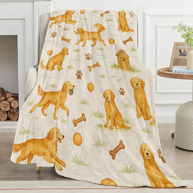 Golden Retriever Blanket Cute Dog with Bone,Ball,Paw Print and Kennel Throw Blankets Lightweight Flannel Throws for Camping Couch Chair Office Bed Home Decor Gifts for Pet Lover,50x40inch