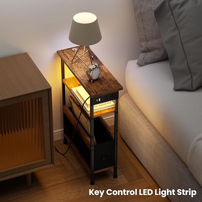 Narrow Side Table with Charging Station and LED Light, End Table with 1 Fabric Drawer, Skinny Nightstand with USB Ports & Type-C, Slim Bedside Table for Bedroom, Living Room, Rustic Brown