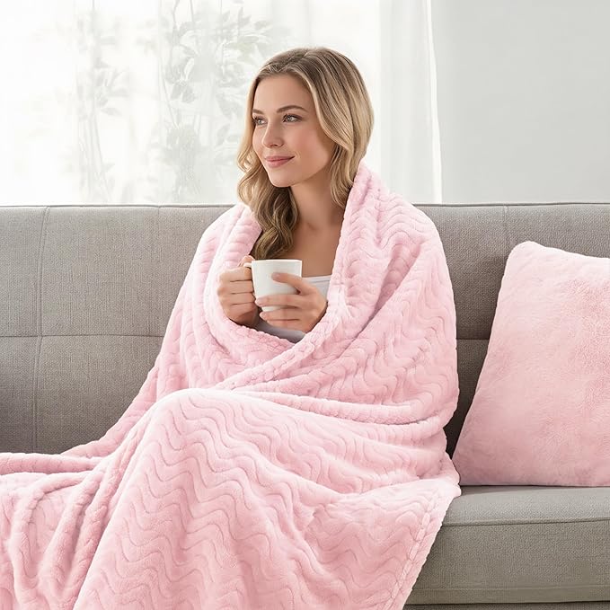 Exclusivo Mezcla Fleece Throw Blanket for Couch, Cozy Lightweight Blankets for All Season, Decorative Giftable Fuzzy Plush Wave Textured Throws for Women, Men, Light Pink, 50x70 Inches