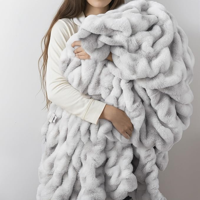 WDCOZY Ruched Faux Fur Throw Blanket Soft Cozy Fluffy Luxurious Blankets Couch Bed Sofa Chair Home Decor Warm Furry Fall Winter Plush Rabbit Fur Bubble Blanket 50" x 60", Grey