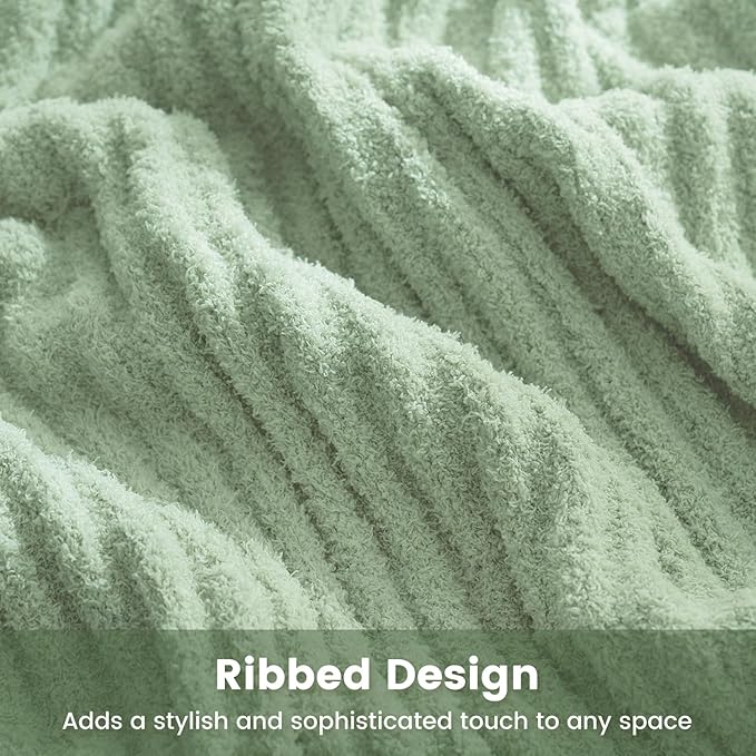 Snuggle Sac Fluffy Ribbed Sage Green Blanket Twin Size, Soft Luxurious Knit Fuzzy Microfiber Blankets for Sofa, Bed, Sage Green, 60x80 inches