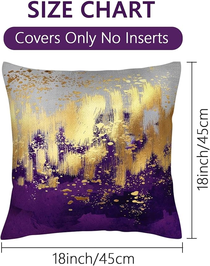 Purple and Gold Abstract Art Throw Pillow Covers, 18x18 Inch, Gold Purple Decorative Pillows for Couch Living Room Bedroom Sofa Decor, Luxury Modern Art Pillowcase Cushion Covers