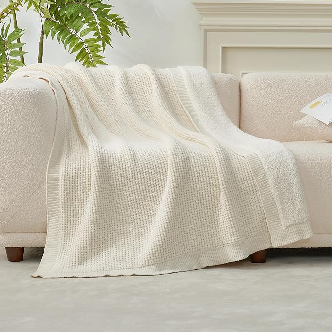 Amélie Home Reversible Waffle Weave Throw Blanket, Chenille Knit with Warm Sherpa, Soft Cozy Blanket for Couch, 50"x60", Ivory