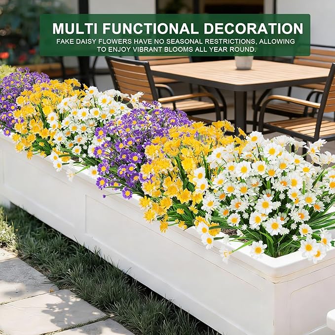 8 Bundles Artificial Daisy Flowers Outdoor Summer Decor,UV Resistant Fake Flowers Faux Plastic Greenery Shrub Plants for Hanging Gardens Window Box Porch Spring Cemetery Décor(Mix White Yellow Purple)