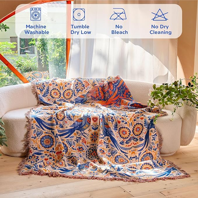 Boho Throw Blanket 50"x60" 100% Cotton Couch Floral Blanket with Flower Bird Pattern, Reversible Soft Breathable Lightweight Spring Decorative Tassel Blankets for Chair Sofa Bed Decor All Season