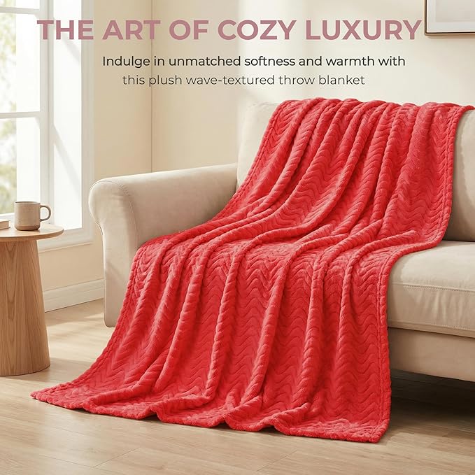 Exclusivo Mezcla Soft Fleece Throw Blanket for Couch, Cozy Lightweight Blankets with Decorative Wave Textured Suitable for All Season Use, Red, 50x70 Inches