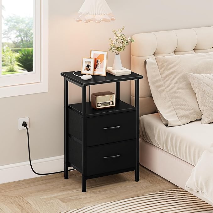 Vagusicc Nightstand Set of 2 with Charging Station, Bedside Table with Outlet & USB Ports, Black Night Stand with Fabric Drawers, 24.2" Tall Bed Side Table End Table with Open Shelf for Bedroom, Black
