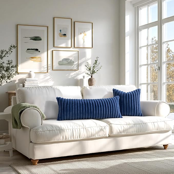 MIULEE Faux Fur Decorative Throw Pillow Covers 16x16 Inch Set of 2, Coastal Modern Art Home Decor Soft Plush Couch Pillows Cozy Fluffy Cushion Covers for Sofa Bed Navy Blue