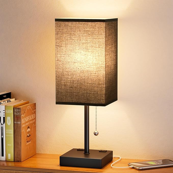 Black Medium Table Lamp with USB Ports - 3 Color Temperature Bedside Lamp for Bedroom, Pull Chain Control, USB A and C Ports, 2 AC Outlets, Bulb Included
