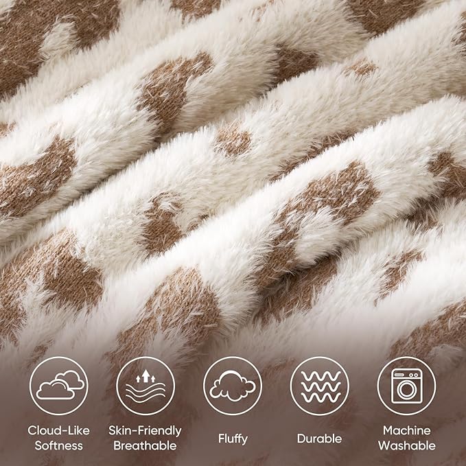Snuggle Sac Leopard Luxury Faux Fur Throw Blanket for Couch,Ultra Soft Cozy Plush Fluffy Blanket for Sofa Bedroom Living Room,Beige Leopard,50x60 inches