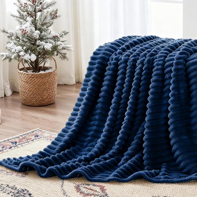 Nookly Navy Fleece Blanke Queen Size, Soft Lightweight Ribbed Plush Bed Blanket, Cozy All-Season Striped Fleece for Bedroom and Home Décor, 90x90 Inches