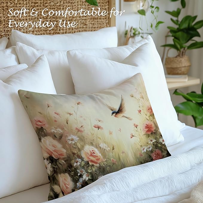 Vintage Spring Floral Bird Lumbar Pillow Cover 12x20 Double-Sided, Cottagecore Room Home Decor, Pastel Pink Rose Wildflower Decorative Throw Pillow Cover for Living Room Home Bedroom
