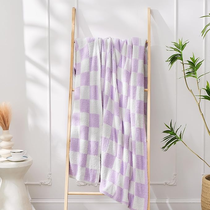 JOOJA Soft Cozy Checkerboard Lilac Blanket Fluffy Knit Throw Blanket for Couch Plaid Checkered Blanket Lilac 50x60 in