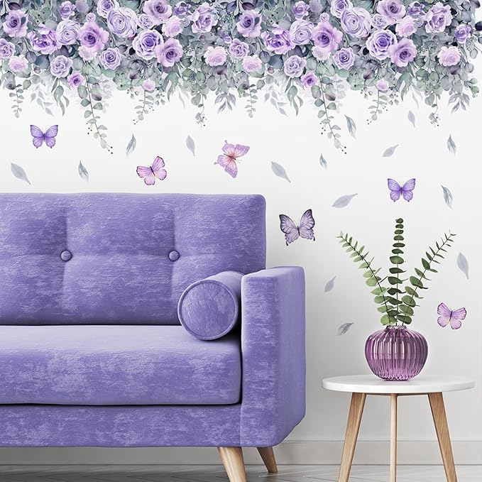 TUOKING Purple Rose Wall Stickers Removable Butterfly Wall Murals Peel and Stick Wall Art Decal Home Decor for Kitchen,Bedroom,Living Room(MS2306)