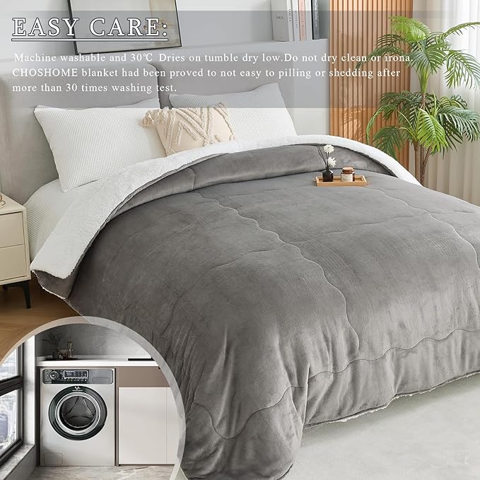 CHOSHOME Sherpa Fleece Blanket- Thick Warm Blanket for Winter, Soft Fuzzy Plush Blanket for Bed, Couch, Travel (Light Grey, King 90" x 108")