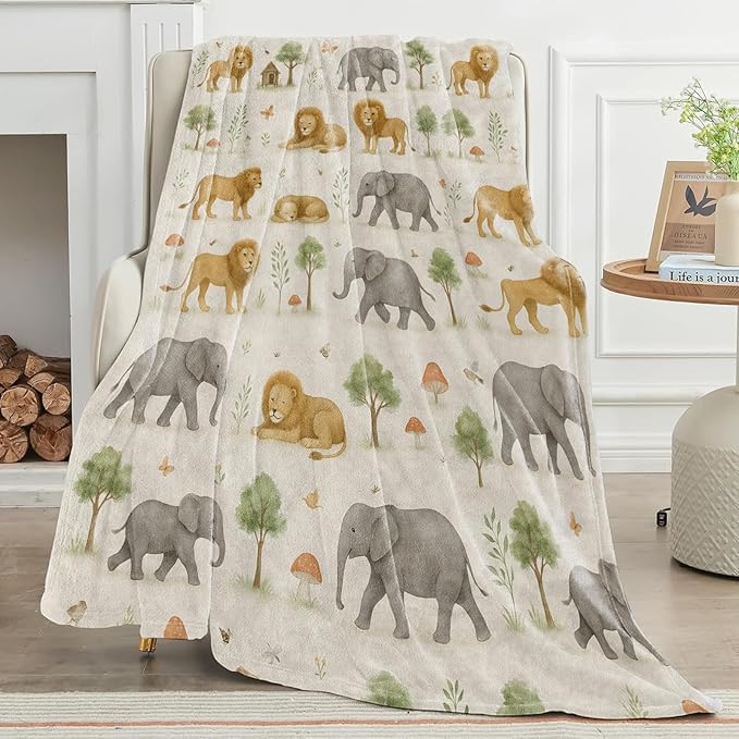 Wildlife Blanket Cute Lion and Elephant in Soft Watercolor Jungle Pattern Throw Blankets Lightweight Flannel Throws for Camping Couch Chair Bed Home Decor Gifts for Animal Lover,60x50inch