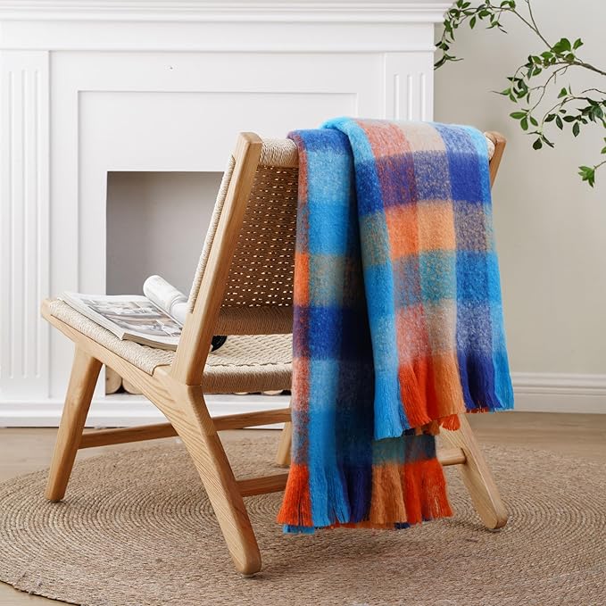 BATTILO Colorful Plaid Throw Blanket for Couch Bed, Fall Blue Plaid Throw Blanket with Vibrant Colors,Super Soft Cozy Cashmere Mohair Tartan Plaid Blanket for Fall Decor Home Decor(50"x60")