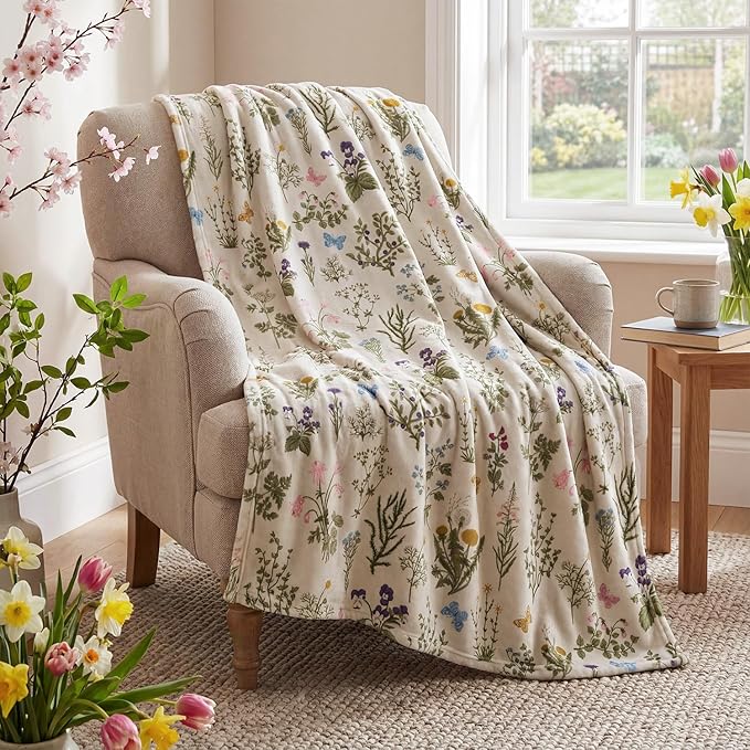 Horaldaily Spring Summer Flannel Blanket Throw, Green Plants Wild Flowers Soft Fuzzy Plush Cozy Fleece Blankets for Couch Sofa Bed Lounging, Ideal Gifts for Kids Adults Self, 50x60