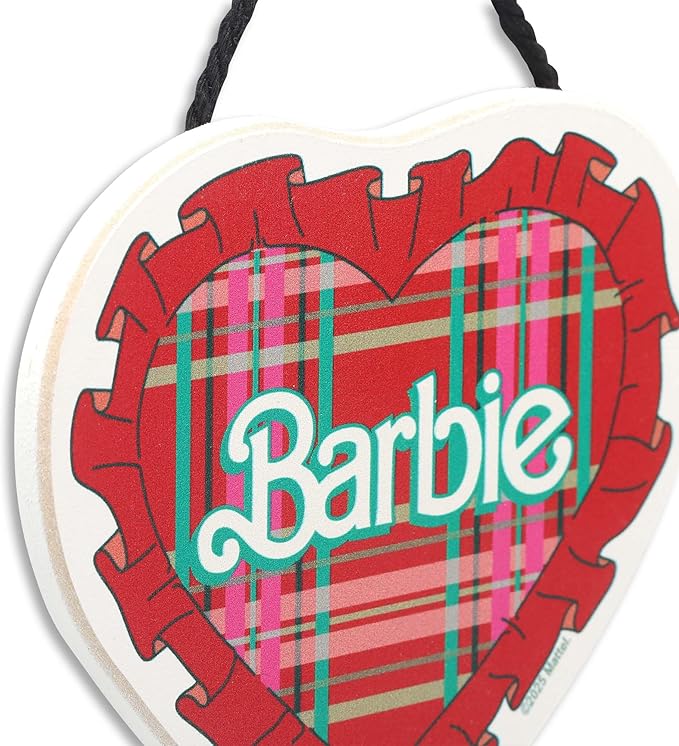 Mattel Barbie Plaid Heart Hanging Wood Wall Decor - Cute Barbie Wall Art for Bedroom or Play Room