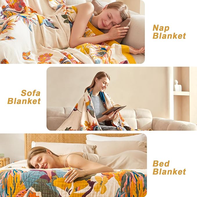 Boho Throw Blanket for Bed 60"x80", 100% Soft Cotton Bohemian Blankets with Rustic Floral Printed Decor, Spring Throw Blanket for Couch Cozy Breathable King Size All Season