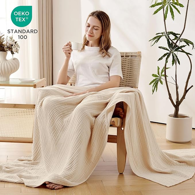 Joydeco 100% Cotton Muslin Throw Blanket for Couch Bed and Sofa, 4-Layer Lightweight and Breathable Soft Gauze Blanket for All Season, Luxury Throws Cotton Blanket Gift(Light Tan, 50"x70")