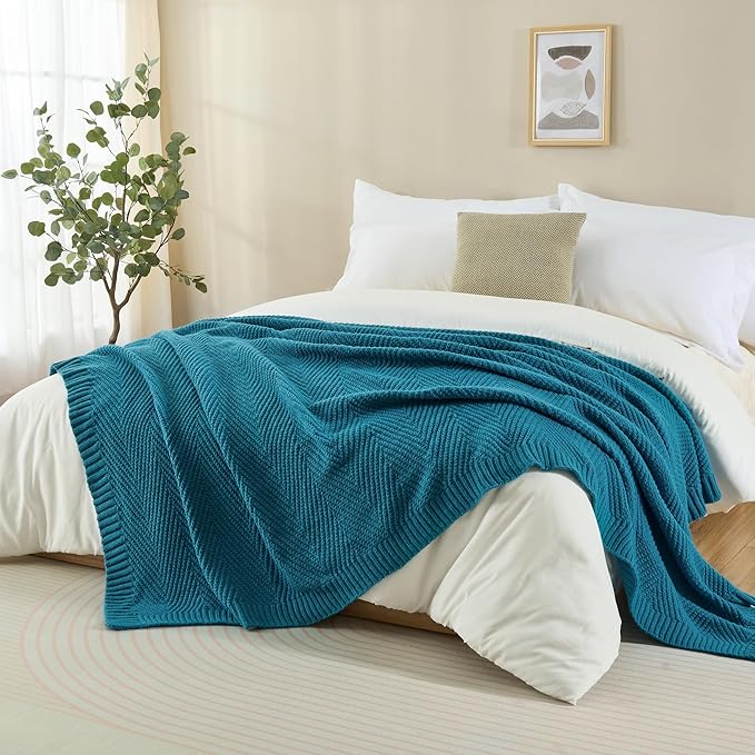 Knitted Throw Blanket 60"X80", Teal Knit Throws for Bed, Super Soft Boho Chevron Blankets for Couch Sofa Chair Room Decor, Textured Decorative Farmhouse Cozy Lightweight