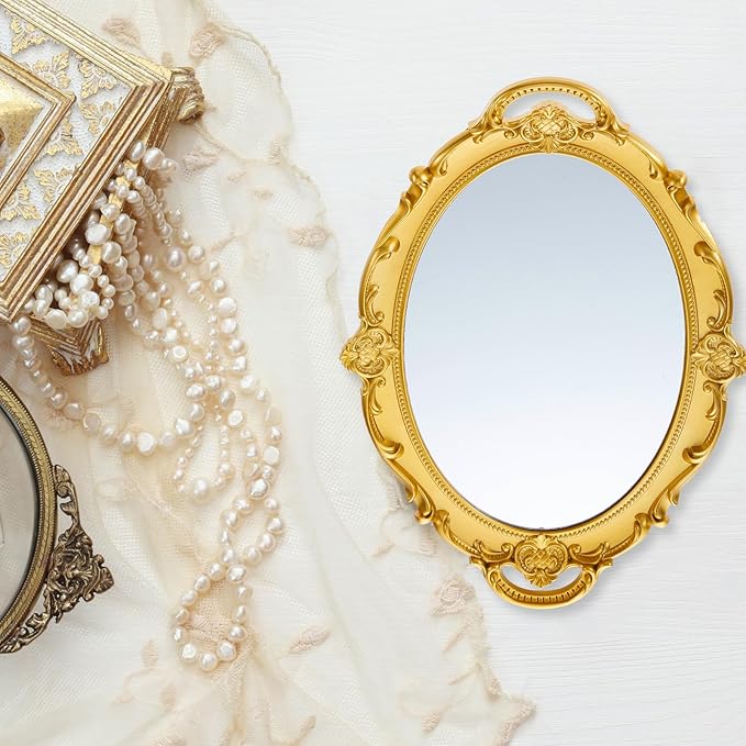 2 Pcs Vintage Gold Mirror Set Including 14.5 x 9.8 Inch Oval Decorative Jewelry Tray 16.3 x 11.2 Inch Antique Wall Mirror Gold Shield Shape Victorian Decor for Bedroom Bathroom Wedding
